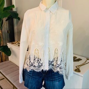 Lace and embroidered cotton button down top
